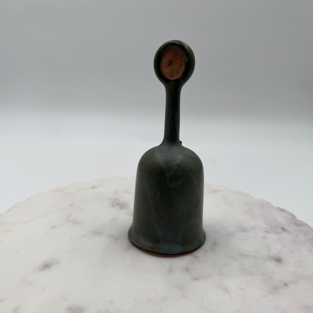 Vintage Studio Pottery Handcrafted Green Glazed Ceramic Bell Artisan Signed 6.5"